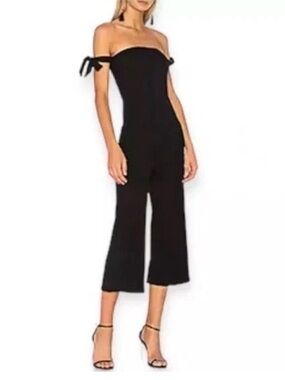 NBD Black Off-Shoulder Tie-Strap Cropped Jumpsuit